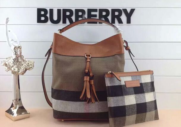 Burberry Controllare Hobo della tela di cotone borsa in pelle misto 9371