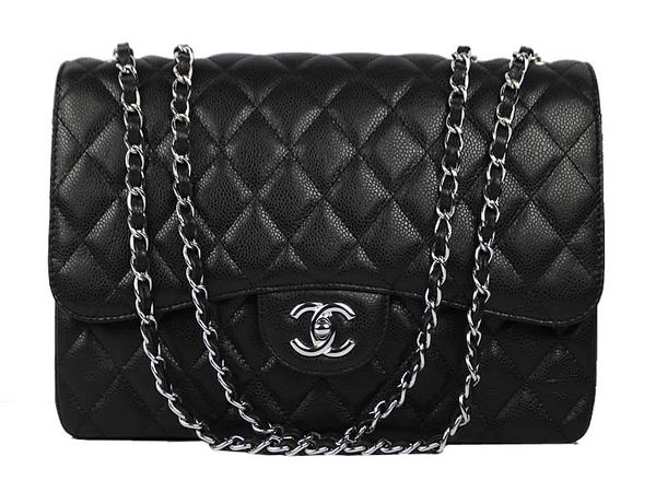 Chanel 2.55 Series Caviar Leather Large Flap Bag A36070 Black Silver