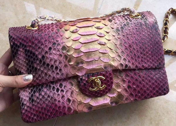 Chanel 2.55 Series Flap Bags Light Purple Pink Original Python Leather A1112SA Gold