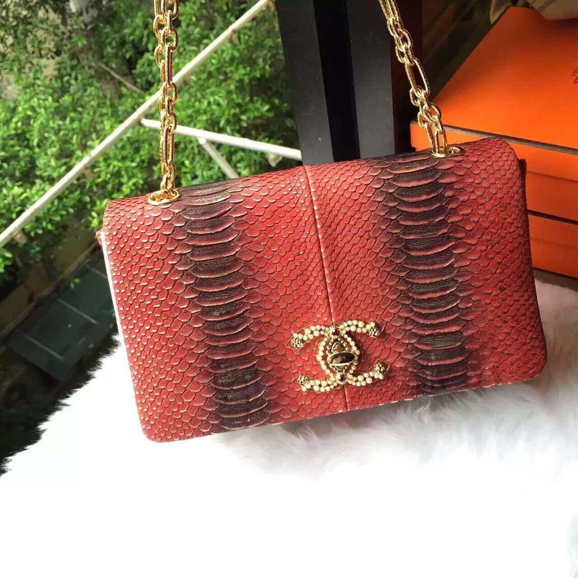 Chanel 2.55 Series Flap Bags Original Snake Leather A1112 Red