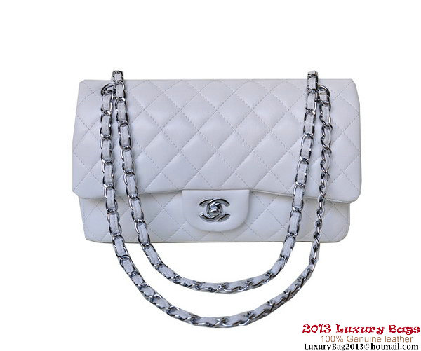 Chanel A01112 Classic Flap Bag White Sheepskin Silver