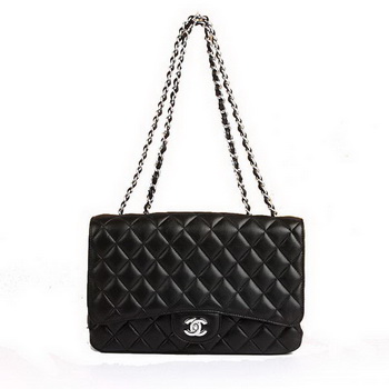 Chanel Jumbo Bags A36073 Black Lambskin Leather Silver Hardware