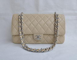 Chanel Classic 2.55 Series Apricot Lambskin Silver Chain Quilted Flap Bag 1113