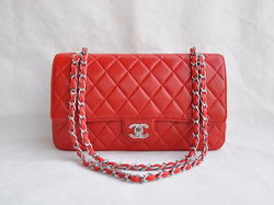 Chanel Classic 2.55 Series Red Lambskin Silver Chain Quilted Flap Bag 1113