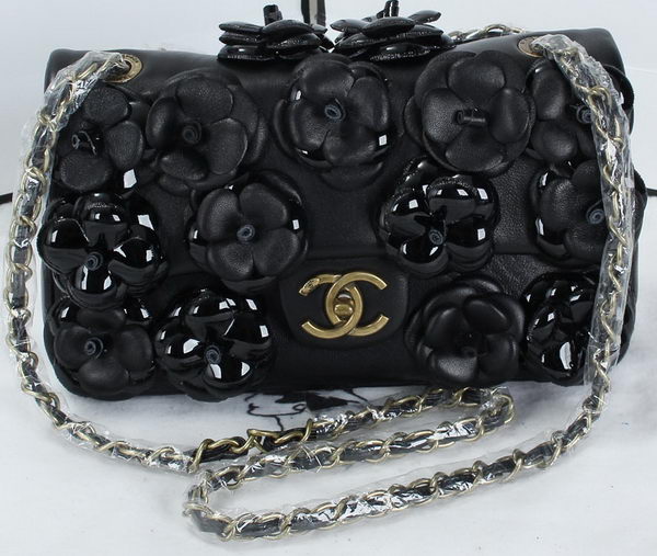 Chanel Classic Flap Camellia Bag Patent Leather A92676 Black