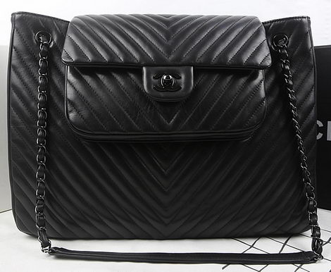 Chanel Large Shopping Bag Calfskin Chrvron Quilting A67880 Black