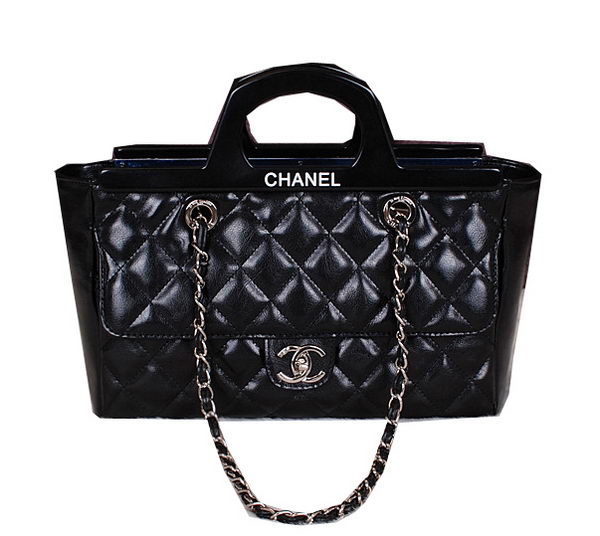 Chanel Shopping Bag Iridescent Leather Rigid Handles A66389 Black