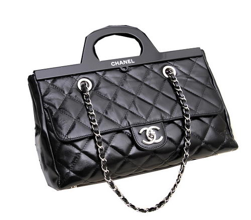 Chanel Shopping Bag Iridescent Leather Rigid Handles CHA1276 Black