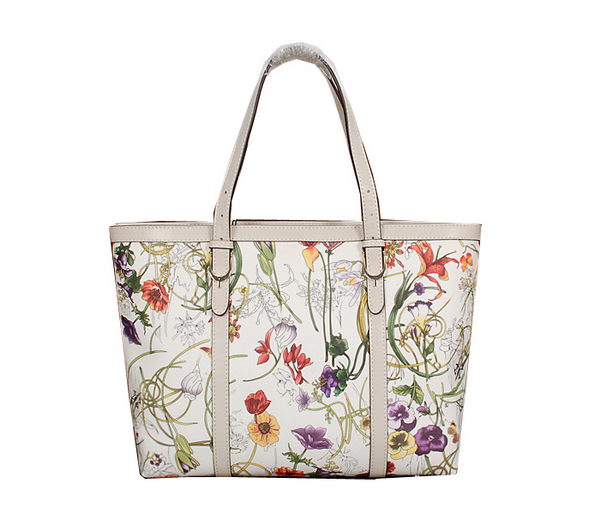 Gucci Top Handle Shiny Flora Leather Bag 309613 OffWhite