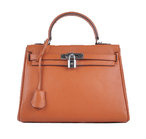 Hermes Kelly 28cm Shoulder Bags Orange Grainy Leather Silver