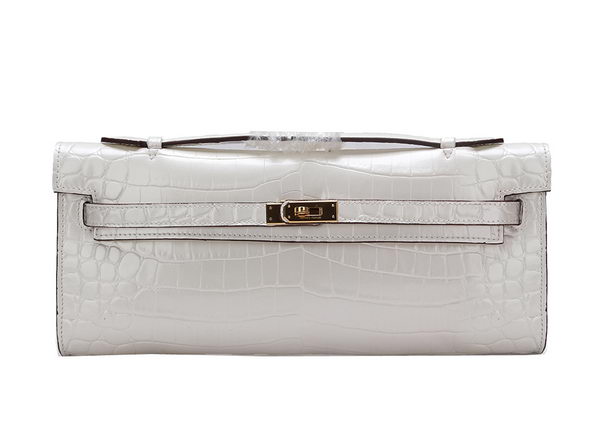 Hermes Kelly Clutch Bag Croco Leather K1002 White