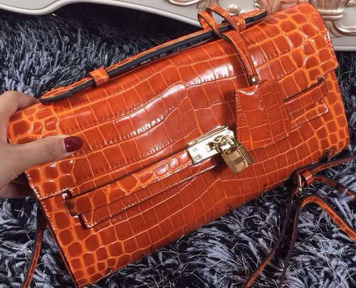 Hermes Kelly Clutch Bag Croco Leather K2651 Orange