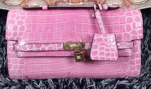 Hermes Kelly Clutch Bag Croco Leather K2651 Pink