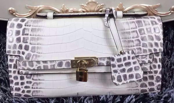 Hermes Kelly Clutch Bag Croco Leather K2651 White&Grey