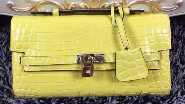 Hermes Kelly Clutch Bag Croco Leather K2651 Yellow
