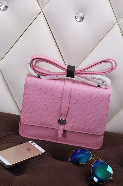 Hermes Ostrich Leather Flap Shoulder Bag H8075 Pink