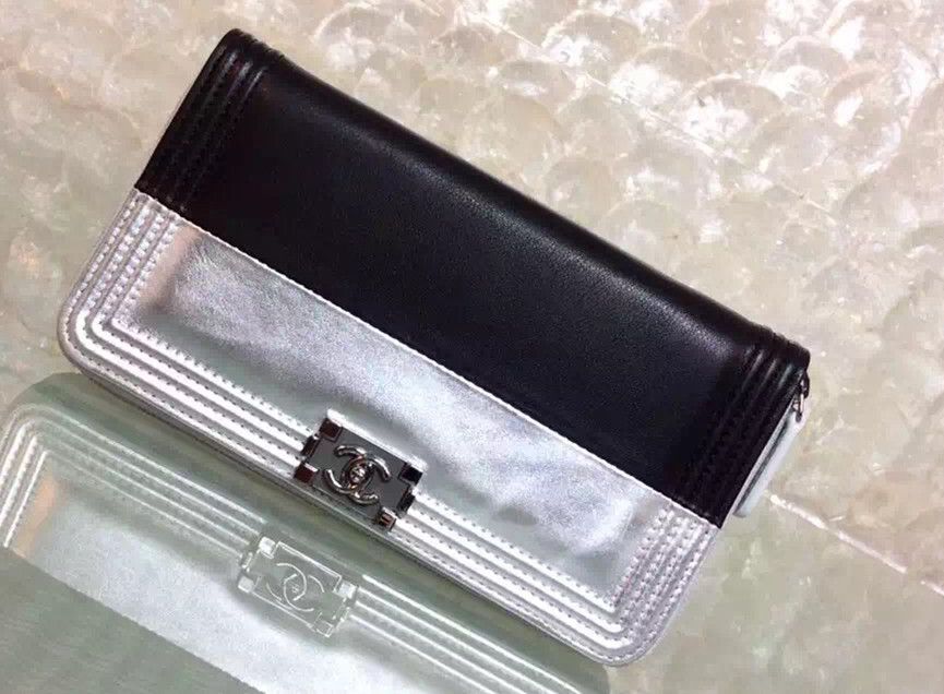 Chanel BOY BICOLORE VITELLO PORTAFOGLIO con zip nero / argento