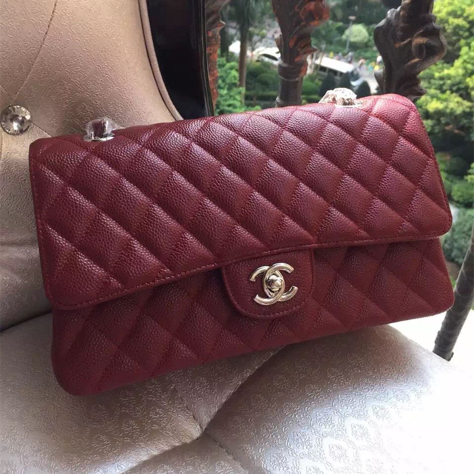 borse Chanel Caviar Classic Media Flap Borgogna con hardware argento