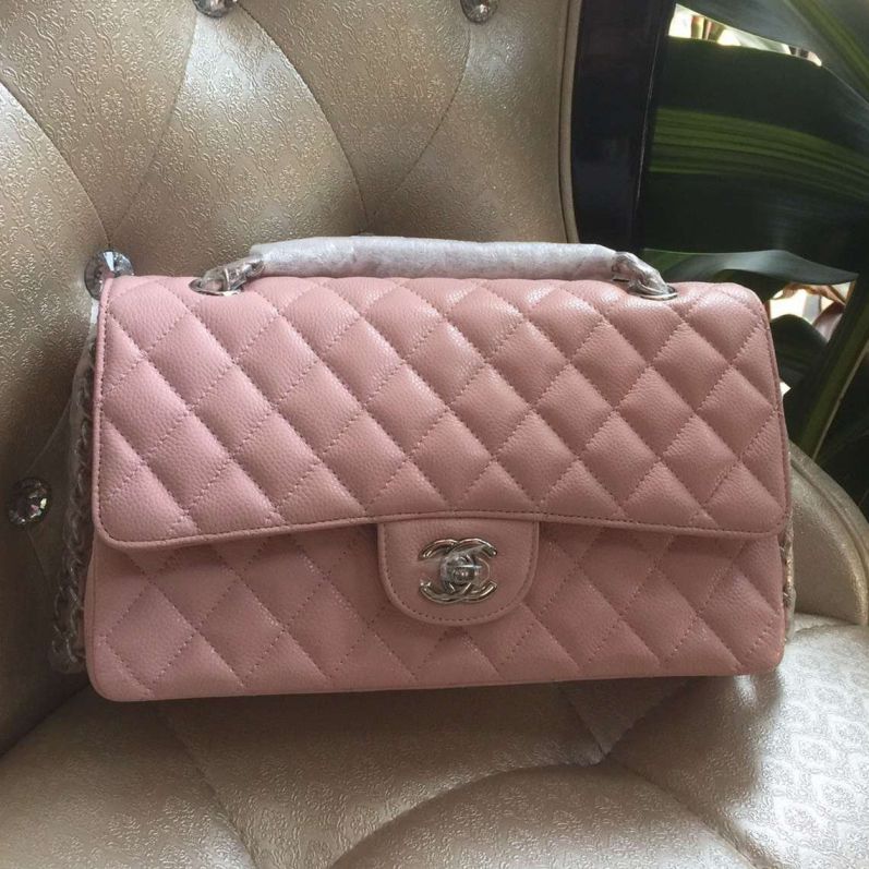 borse Chanel Caviar Classic Media Flap rosa con hardware argento