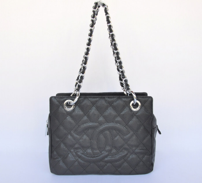 58004 Chanel Nero Caviale Di In Argento Catena Di Metallo Pst Tromba Shopping Bag