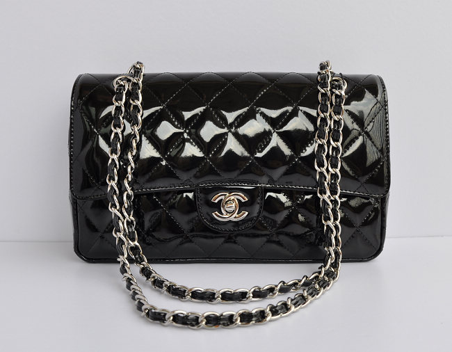 Chanel 1112 Vernice Nera Catena Argento In Pelle