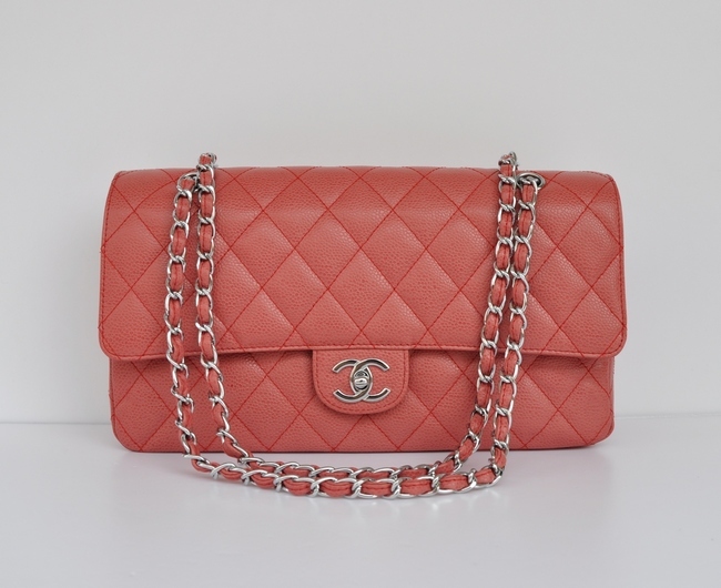 Chanel A1113 Palla Rossa Pelle Fiore Con Catena In Argento