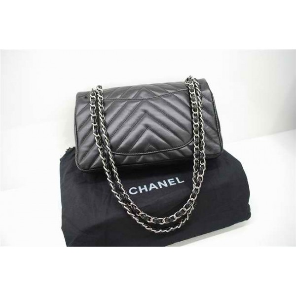 Chanel 255 Borse Classic Flap In Pelle Di Agnello Nero Chevron