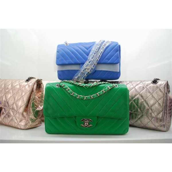 Chanel 255 Borse Classic Flap In Pelle Di Agnello Verde Chevron