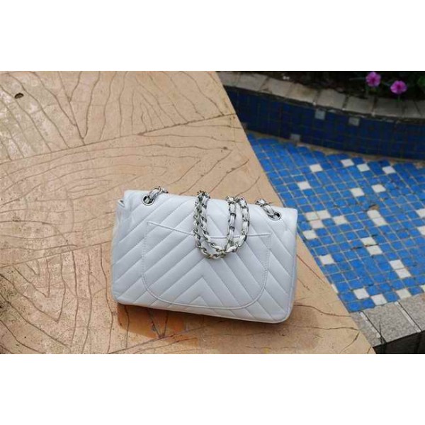 Chanel 255 Classic Flap Borse Pelle Di Agnello Bianco Chevron Q