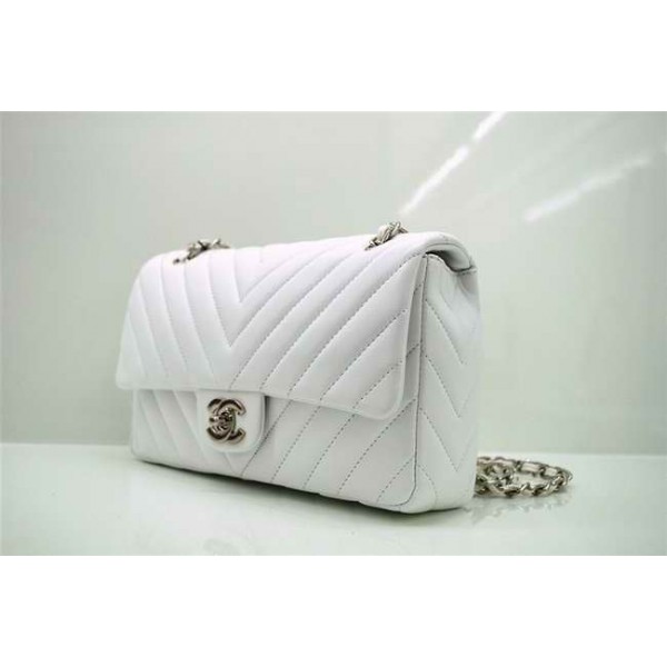 Chanel 255 Classic Flap Borse Pelle Di Agnello Bianco Chevron Q