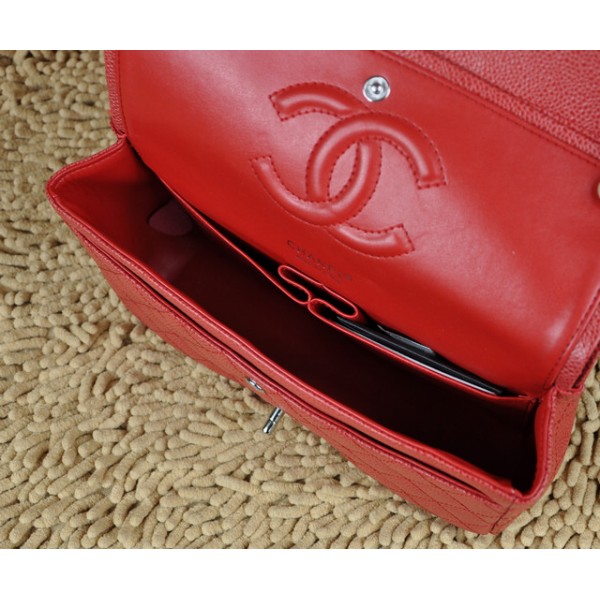 Chanel A01112 Classic Red Caviar Flap Borse In Pelle Con Silver