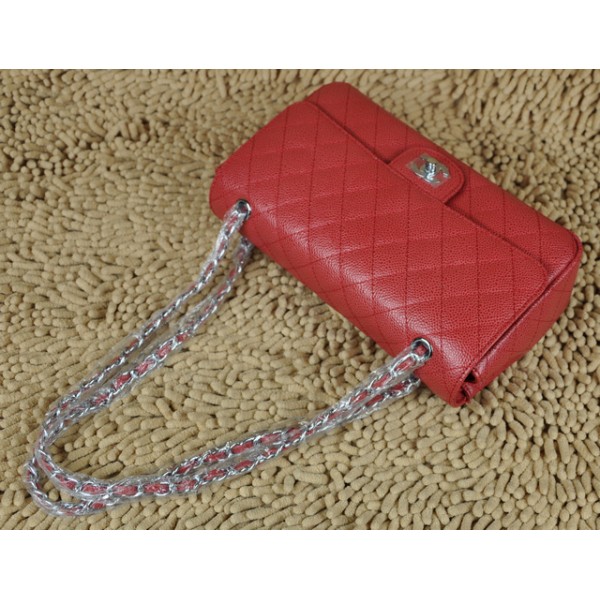 Chanel A01112 Classic Red Caviar Flap Borse In Pelle Con Silver