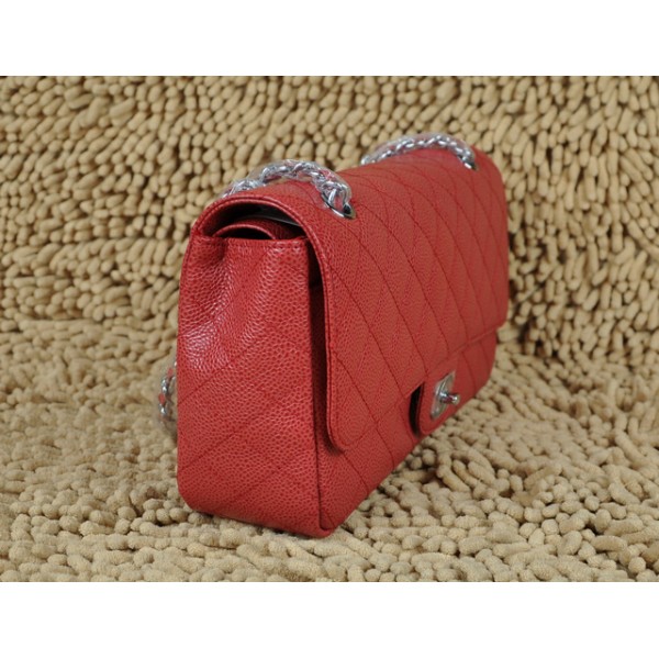 Chanel A01112 Classic Red Caviar Flap Borse In Pelle Con Silver