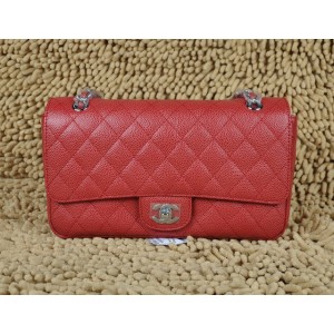 Chanel A01112 Classic Red Caviar Flap Borse In Pelle Con Silver