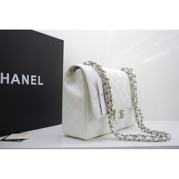 A47600 Chanel White Caviar Leather Borse Jumbo Flap Con Shw