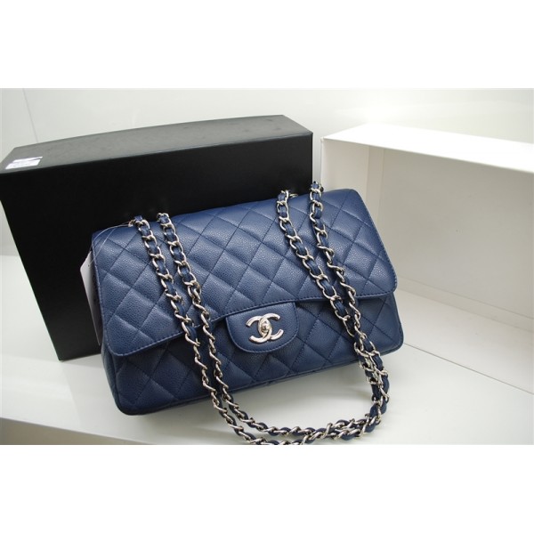 Blu Chanel A47600 Jumbo Flap In Pelle Con Silver Hw Borse