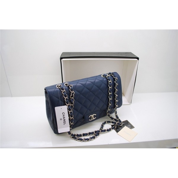 Blu Chanel A47600 Jumbo Flap In Pelle Con Silver Hw Borse