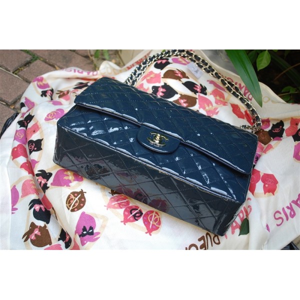 Chanel A47600 Flap Borse Brevetti Blu Scuro Con Silver Hw