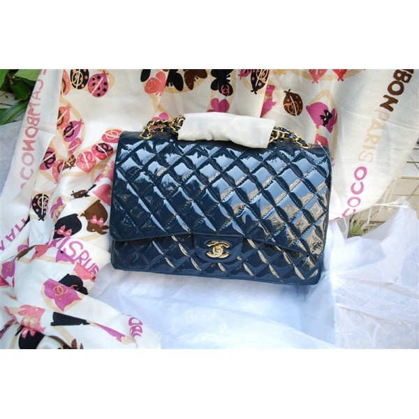 Chanel A47600 Flap Borse Di Brevetto Blu Scuro Con Oro