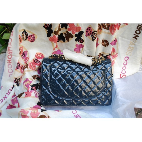 Chanel A47600 Flap Borse Di Brevetto Blu Scuro Con Oro