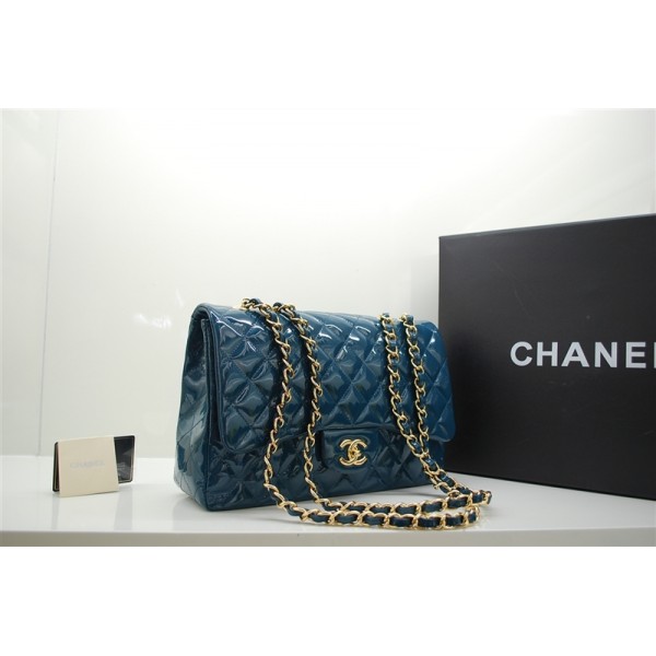 Chanel A47600 Flap Borse In Vernice Con Blue Gold Hw Jumbo