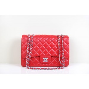 A28600 Chanel Classic Red Agnello Flap Bag Argento Hw