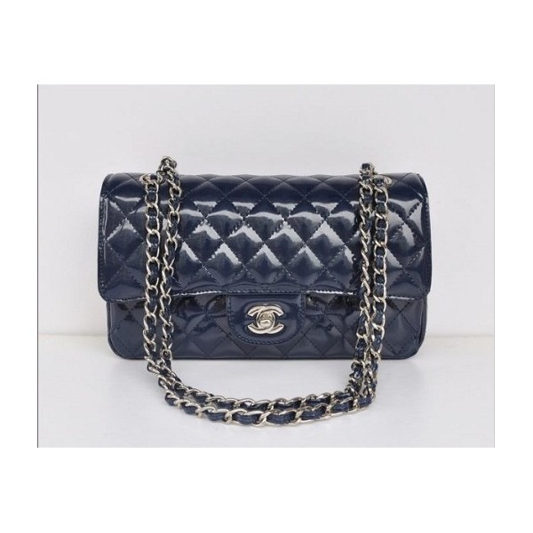 Borse Chanel A01112 Navy Blue Patent Leather Flap Con Silver Hw