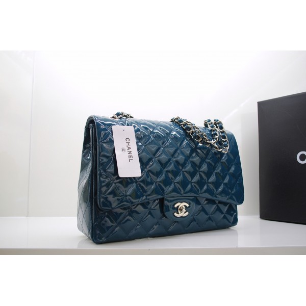 Chanel 2011 Dark Green Patent Borse Jumbo Flap Con Silver Hw