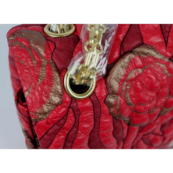 Chanel 2011 Agnello Borse Flap Rosso Con Camellia Rilievo Dettag