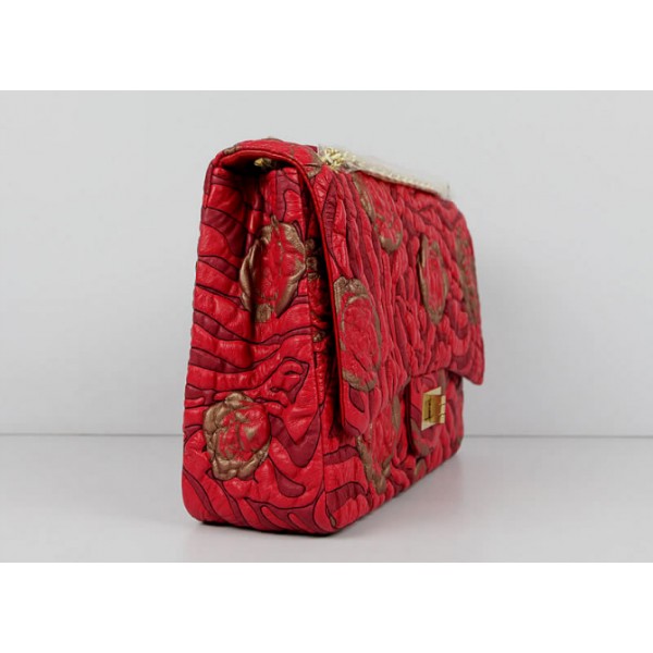 Chanel 2011 Agnello Borse Flap Rosso Con Camellia Rilievo Dettag