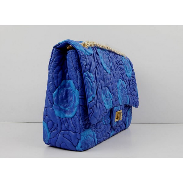 Chanel 2011 Agnello Borse Flap Blu Con Camellia Rilievo Dettagli