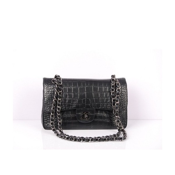 Chanel A01112 Black Croc Veins Leather Flap Borse Con Shw Vecchi