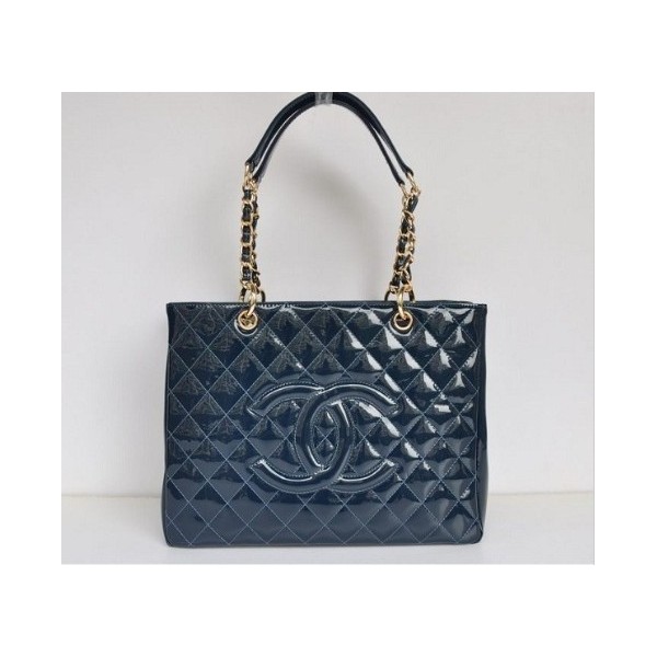 Chanel A20995 Blu Patent Leather Tote Shopping Gst Con Oro Hw
