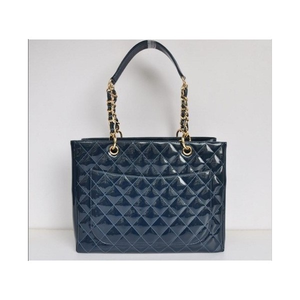 Chanel A20995 Blu Patent Leather Tote Shopping Gst Con Oro Hw